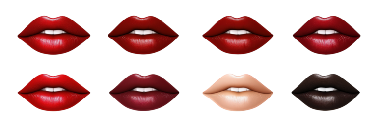 eight realistic lips with different colors red. brown. nude. black. and burgundy lip shades lips are open with visible teeth isolated on transparent background