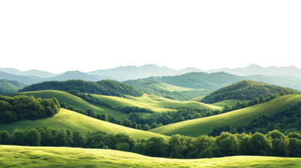 Hills panorama landscape showcasing lush green hills and distant mountains in serene. Isolated on transparent background, png.