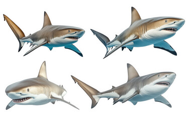 four 3d rendered sharks in different poses