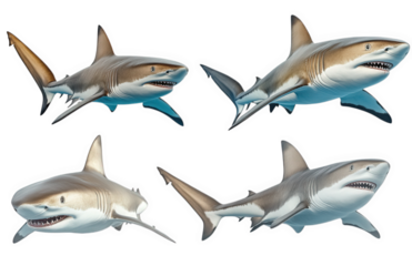 four 3d rendered sharks in different poses