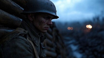Fototapeta premium Portrait of a Soldier in a World War I Trench