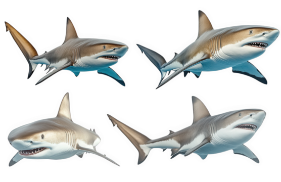 four 3d rendered sharks in different poses
