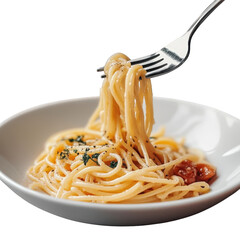 a fork lifts a portion of spaghetti from a white bowl the spaghetti is tossed with garlic. olive oil. and pepper. creating a simple yet delicious italian dish