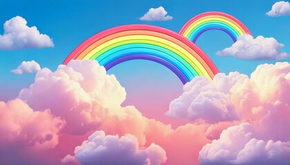 seamless pattern of glowing pastel clouds and rainbows on a soft 