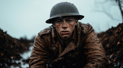 Obraz premium World War I soldier sitting in the muddy trenches during heavy rain