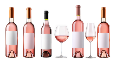 set of five bottles of rose wine and two glasses with blank labels isolated on transparent background the bottles are all closed with a cork and the glasses are empty