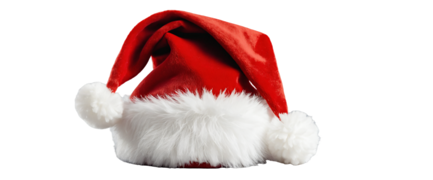 Real photo of a red Christmas Santa Claus hat with a white pompom, Santa hat isolated on transparent background, holiday greetings