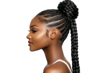 a young woman of african descent with a beautiful. intricate braided hairstyle she is looking off to the side and her expression is serene and confident her skin is glowing and her makeup is flawless