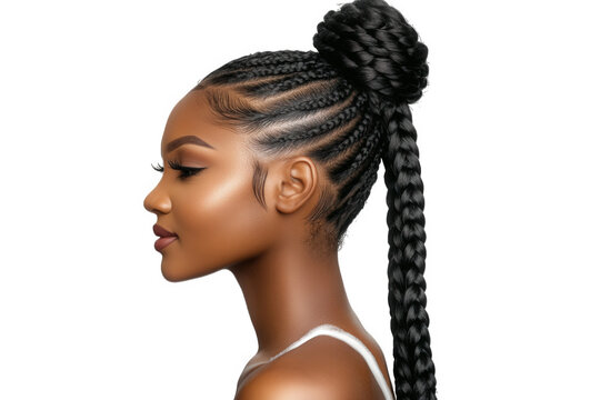 a young woman of african descent with a beautiful. intricate braided hairstyle she is looking off to the side and her expression is serene and confident her skin is glowing and her makeup is flawless