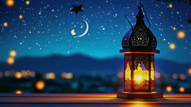 Glowing lantern and crescent moon create a magical Ramadan atmosphere