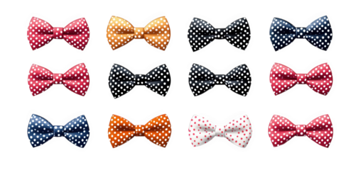 collection of 12 colorful polka dot bow ties isolated on transparent background each tie has a different color and features white polka dots