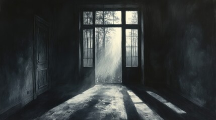 Fototapeta premium A dimly lit room with an open door, sunlight streaming through, creating dramatic shadows.