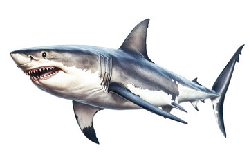 a great white shark swims with its mouth open. showcasing its sharp teeth. against a transparent background