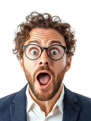 Surprised man with wide-open eyes and mouth, expressive reaction portrait, shock, amazement, and astonishment emotion concept isolated on transparent background