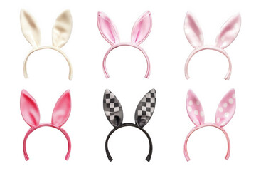 six colorful bunny ears headbands on transparent background
