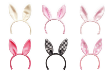 six colorful bunny ears headbands on transparent background