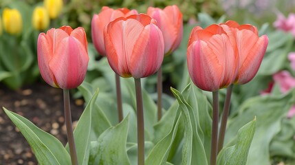 Fototapeta premium Four vibrant coral tulips in a garden bed.