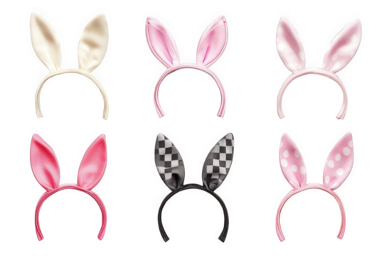 six colorful bunny ears headbands on transparent background
