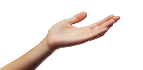 an open palm of a hand with fingers spread out. facing upwards the hand is against a white backdrop. making the skin tone of the hand stand out