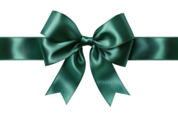 Green satin bow with elegant ribbon loops, festive decoration for gifts, luxury wrapping, holiday celebration, and stylish ornament concept isolated on transparent background