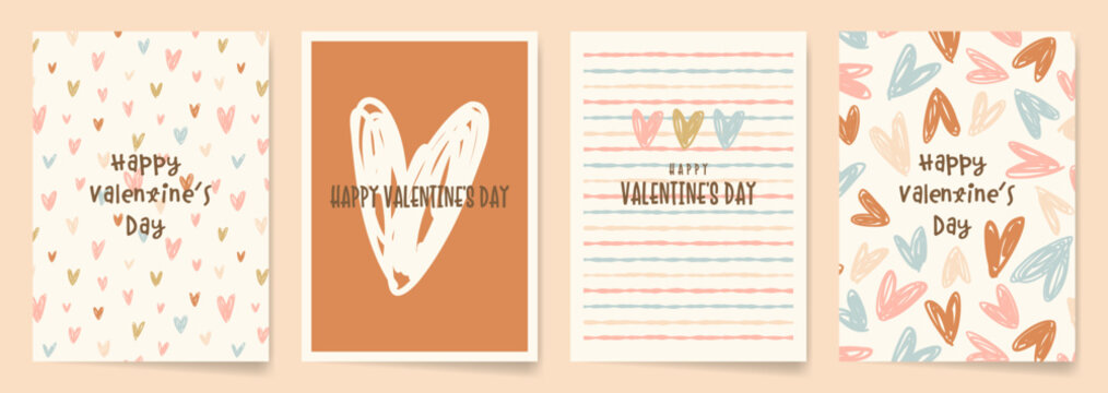 Set of Valentine's Day Greeting Cards with doodled hearts in dusty pastel colors. Also applicable to posters, web banners, social media backgrounds, flyers, and more.