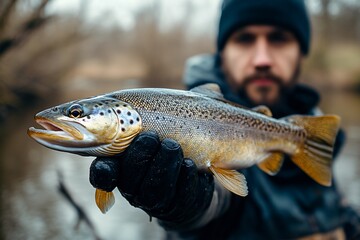 Obraz premium Fisherman holding a freshly caught brown trout.