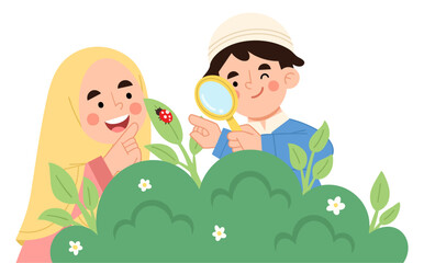 Illustration of children exploring nature with a magnifying glass