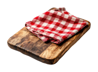 Rustic wooden cutting board with red gingham cloth, farmhouse kitchen decor element, serving accessory for cooking and presentation isolated on transparent background