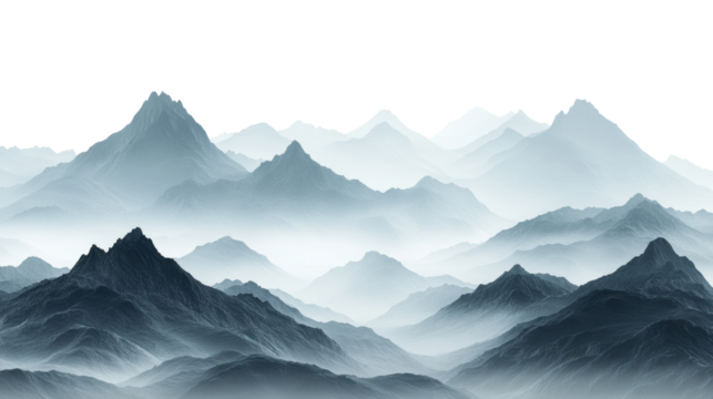 Mystical mountain range covered in fog, dramatic peaks and misty landscape with moody atmospheric design perfect for fantasy and nature themes isolated on transparent background