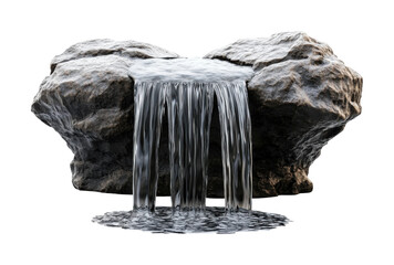 Realistic stone waterfall decoration with flowing water, detailed garden rock feature, natural landscaping ornament, tranquil design element for outdoor settings isolated on transparent background
