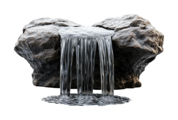 Realistic stone waterfall decoration with flowing water, detailed garden rock feature, natural landscaping ornament, tranquil design element for outdoor settings isolated on transparent background