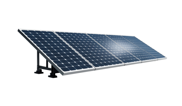Row of solar panels with reflective surface, sustainable energy, solar technology, modern renewable power source, clean electricity generation, isolated on transparent background, photovoltaic cells