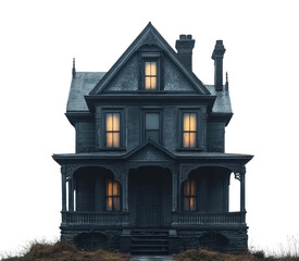 Dark haunted Victorian house with glowing windows, eerie old mansion for horror, Halloween, mystery, and spooky ghost stories isolated on transparent background