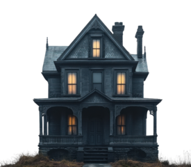Dark haunted Victorian house with glowing windows, eerie old mansion for horror, Halloween, mystery, and spooky ghost stories isolated on transparent background