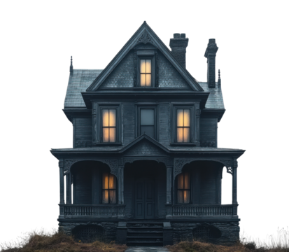 Dark haunted Victorian house with glowing windows, eerie old mansion for horror, Halloween, mystery, and spooky ghost stories isolated on transparent background