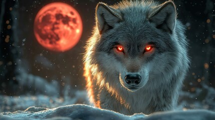 Obraz premium A fierce wolf with glowing eyes stands against a backdrop of a red moon and snowy landscape.