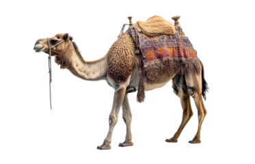 Decorated camel with colorful saddle and traditional fabric cover, side view of exotic desert animal used for transport or tourism isolated on transparent background