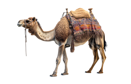Decorated camel with colorful saddle and traditional fabric cover, side view of exotic desert animal used for transport or tourism isolated on transparent background