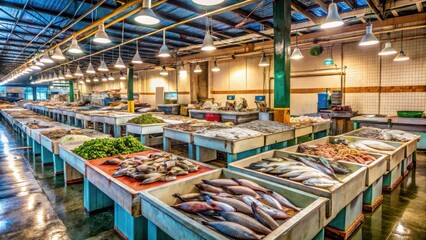 Fresh Fish Market in Tajao, colorful fish market stalls