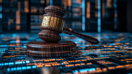Judge gavel placed in front of data center servers representing the intersection of traditional jurisprudence and modern data-driven justice highlighting the duality of law and technology in today’s w