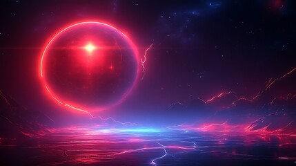 Obraz premium Red Neon Glow Encircles Celestial Body Over Alien Landscape