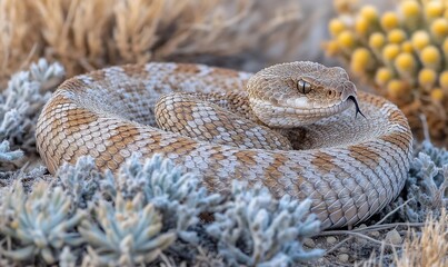 Obraz premium Desert snake coiled amongst desert plants.