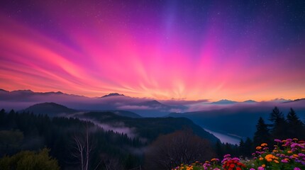 Fototapeta premium Spring Forest Mountain River in Nebula Starry Night