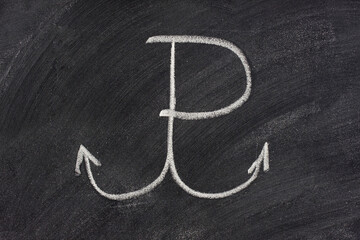 Poland fights (Polska walczy) symbol of Polish resistance movement during World War II, sketched with white chalk on blackboard