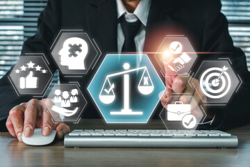 Visual representation of business ethics with symbols of justice, integrity, and responsibility in a corporate setting.