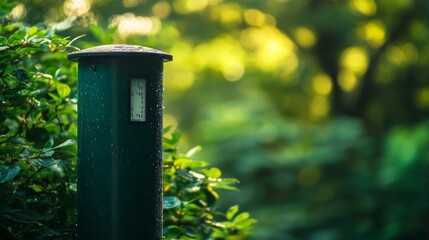 Green Rain Gauge Stands In Lush Foliage