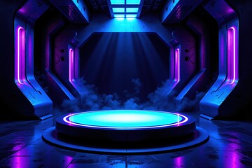 Obraz premium Futuristic Sci-Fi Stage with Neon Lights and Smoke Effects