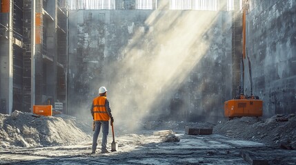 Construction worker stands in a sunlit, dusty, interior construction site.