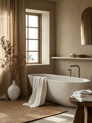 Fototapeta premium Relaxing bathroom with natural light and serene decor
