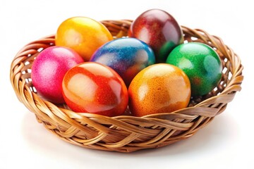 Spring's arrival: colorful eggs in rustic wicker baskets, a festive holiday scene.